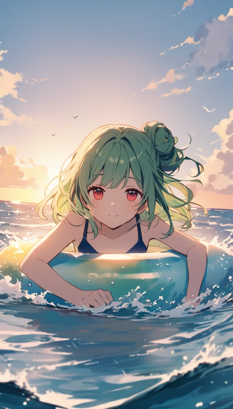 (((Young Girl)))、(( 1 girl)),( Red Eyes),（Short stature）,(Slanted Eyes),(( emerald green hair ))、( bun hair)、Young appearance、(( swimsuit))、In the water、One side of the sea、(((Girl ride on the innertube)))、Vector art、spirit of the wind、Backlight、Bright in backlight、Sun behind、Summer sky、cumulonimbus、Narrowed eyes and a happy look、cheek、The waves splash and the water shines beautifully.