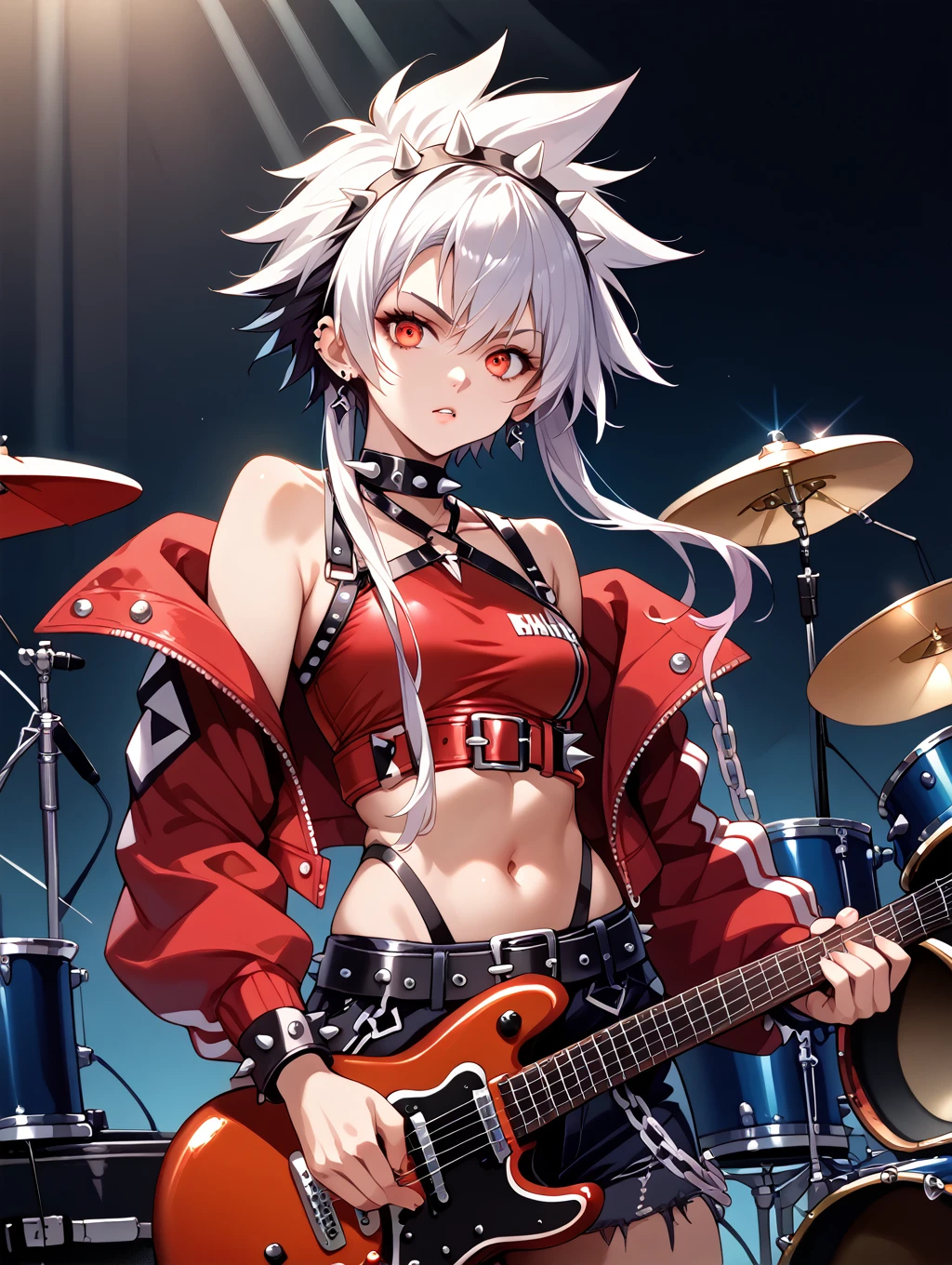 score_9 score_8_up score_7_up, source_anime, masterpiece, best quality, high resolution, absurdres, highres, 1girl, solo, a girl in Punk fashion on a stage, ((punk rocker, intense pose)), ((white_hair)), short hair, long locks, navel,((spikes, rivet, belts,chains)), (off-shoulder jacket, open jacket), ((black and red clothing)),Spotlight, Performance, Rock Band, Electric Guitar, Drum Kit, Amplifier