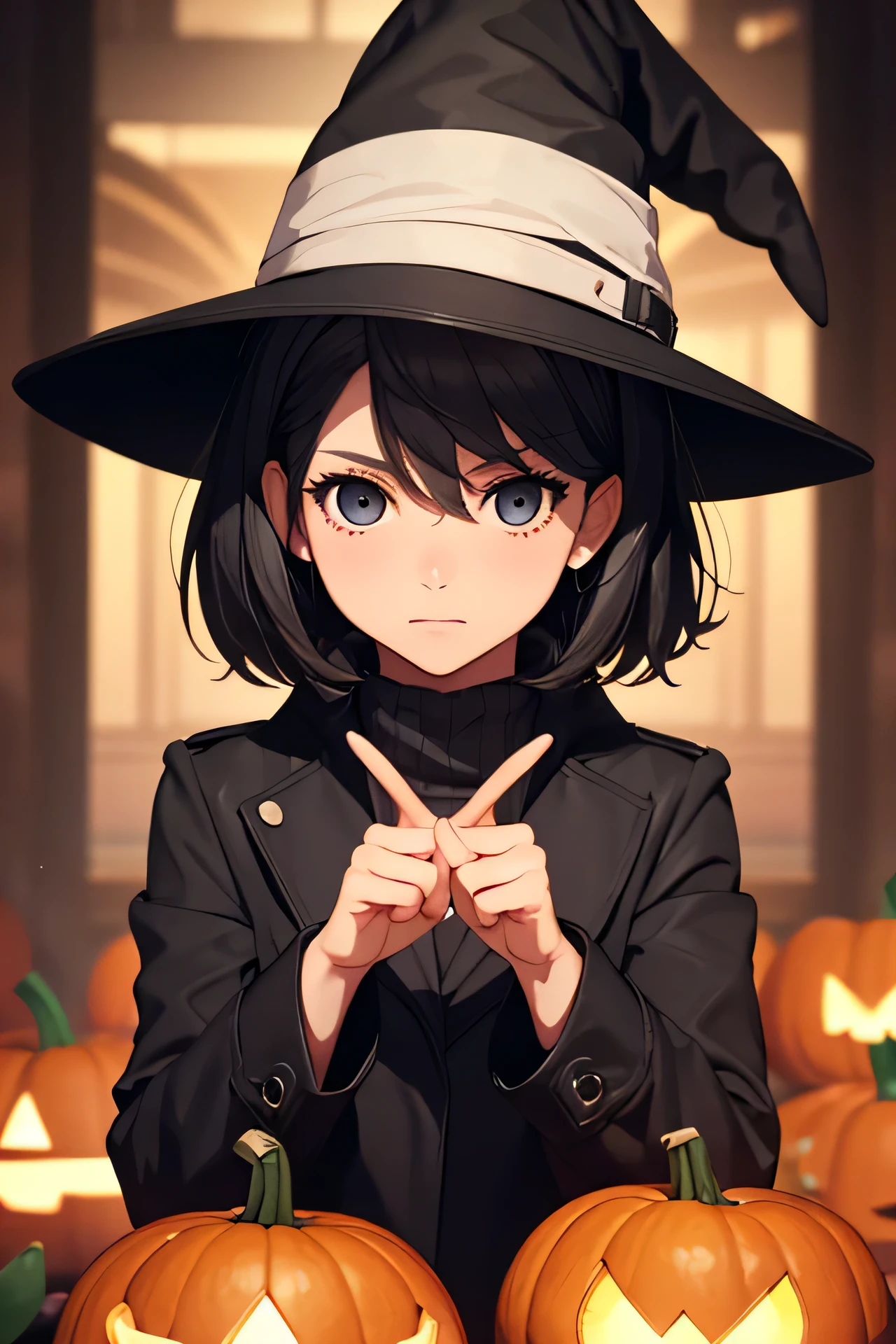 1girl alternate_costume black_coat black_hair black_hat blurry coat depth_of_field grey_eyes hat jack-o'-lantern looking_at_viewer short_hair solo witch_hat
, 5_fingers, zPDXL3