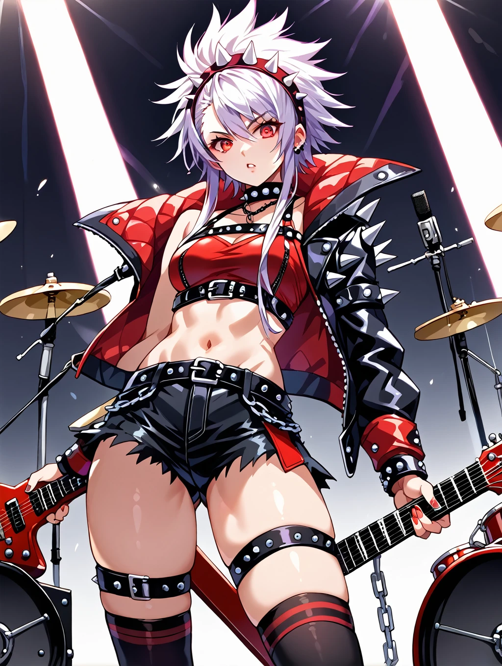 score_9 score_8_up score_7_up, source_anime, masterpiece, best quality, high resolution, absurdres, highres, 1girl, solo, a girl in Punk fashion on a stage, ((punk rocker, intense pose)), ((white_hair)), short hair, long locks, navel,((spikes, rivet, belts,chains)), (off-shoulder jacket, open jacket), ((black and red clothing)),Spotlight, Performance, Rock Band, Electric Guitar, Drum Kit, Amplifier