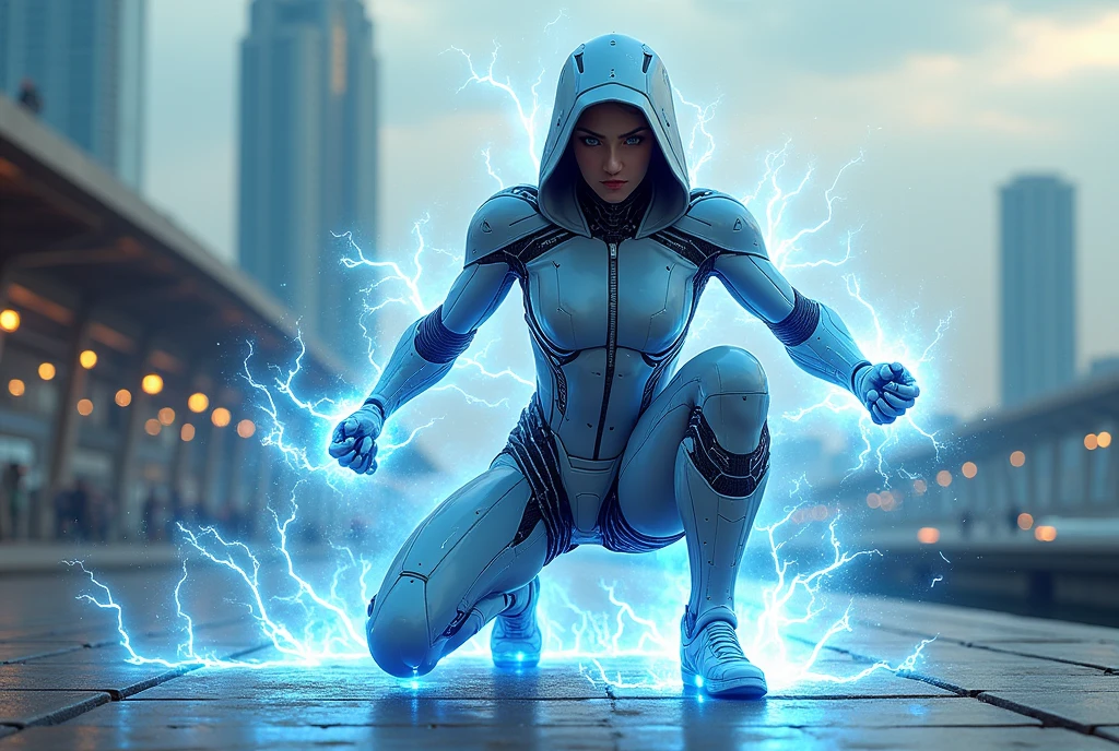 Fantasy female android (static shock:1.2), electric power, attack on pier at day, hood, action pose, dynamic angle, 1 knee up, 1 kneeling, show off thick thigh, put 1 fist on ground, angry, in Museo, in the future,