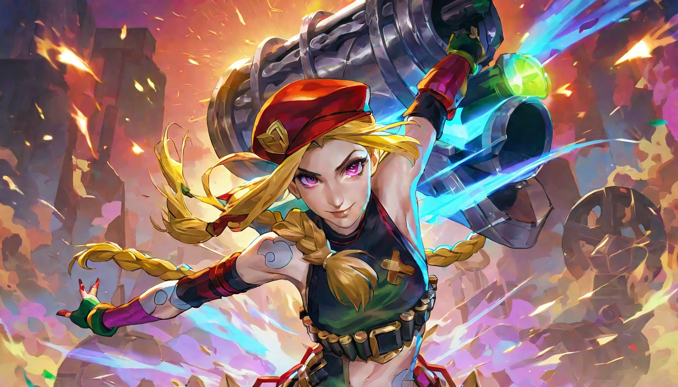 score_9, score_8_up, score_7_up, score_6_up, best aesthetic, 1girl, solo, long hair, looking at viewer, smile, bangs, red beret hat, cammy outfit \(street fighter\), bare shoulders, blonde hair, braid, red gloves, shiny, fingerless gloves, green eyes, nail polish, shiny hair, twin braids, gradient, hands up, gradient background, tattoo, glowing, explosive background, pink nails, asymmetrical bangs, arm tattoo, shoulder tattoo, jinx \(league of legends\), holding a giant cannon