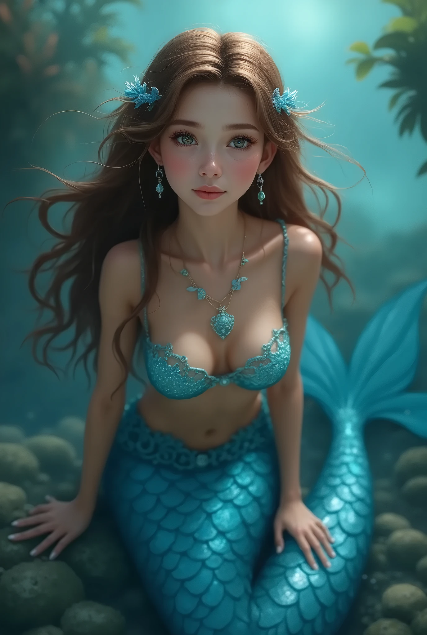 (1A young and breathtakingly beautiful mermaid)、(Full Body Portrait:1.9)、(Underwater light refraction)、(Buoyancy in water)、(dim)、Ideal proportions、Fish body、The body of a fish with scales from the waist down、Big Breasts、The faint light、Detailed Mermaid Features、Beautiful details and captivating grey eyes、Beautiful details and luscious lips、Highly detailed eyes and face、Beautiful detailed grey hair、Long eyelashes、Rainbow glowing scales、Elegant kneeling pose、Real、フォトRealistic、フォトRealistic:1.37、(highest quality、4k) 、8k、High resolution、Masterpiece: 1.2)、Super detailed、(Realistic、フォトRealistic、フォトRealistic: 1.37)、Fantasy、Magical Realism、Cinematic lighting、Dramatic lighting、Dramatic color contrast、A little bright color among the dull colors、Intricate details、seamless、Cinematic composition、Award-winning digital art