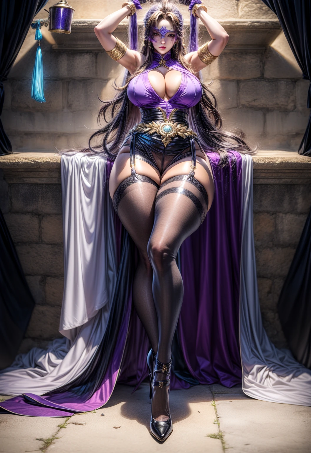 thicc Gothic female wearing sexy fur lined robe with sexy purple dress under it, has blue hair, thicc, wearing fishnets, nsfw, lewd, black lipstick, dominatrix aesthetic, BDSM gear, dominant, evil, sensual grin, wearing corset with bustier, rivets, wearing thigh high combat boots, solo, alone, (SOLO)(ALONE)