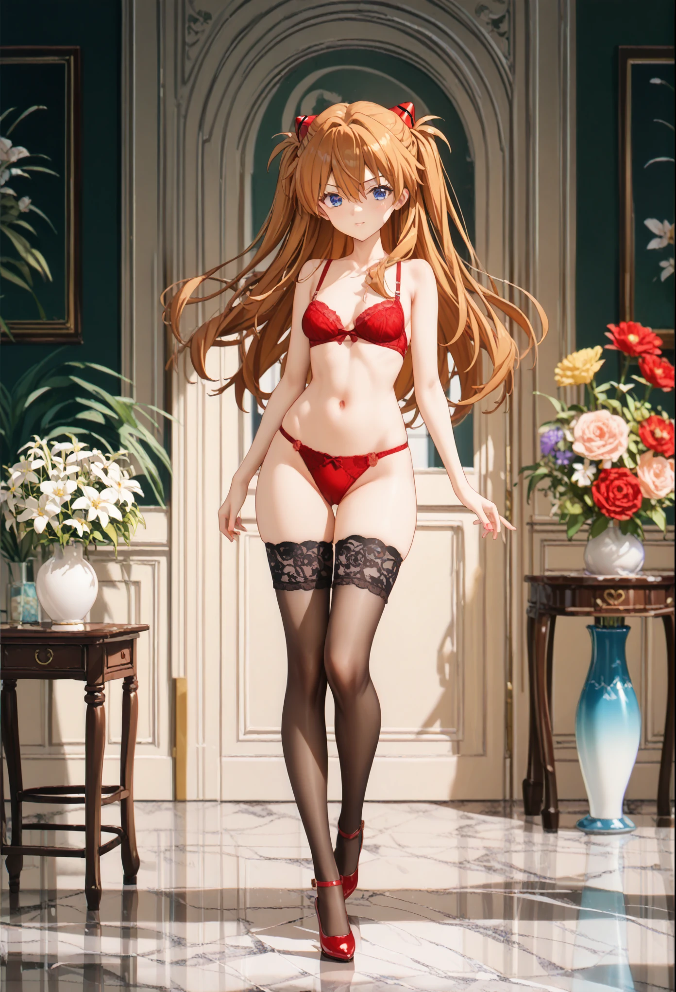 score_9, score_8_up, score_7_up, source_anime,anime coloring,hyper detail,perfect anatomy, 1girl,multicoloed flowers,big vase,marble floor ,nude,underwear,,red Bra,red panties,lace garter stockings,lacy thighhigh,flower stand,underwear only,small breasts,dynamic pose,,souryuu asuka langley , long hair, bangs, blue eyes, brown hair, hair ornament,bare shoulders,spacious room,slim body