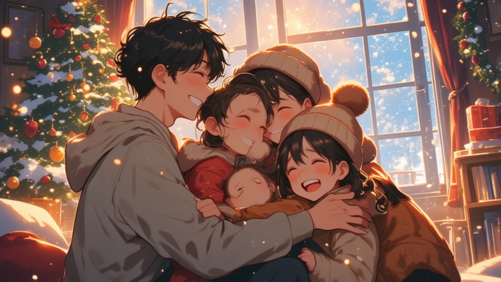 (Masterpiece, high quality, high definition, 4K, 8k,（（ anatomically correct human body 、Detailed face））、Cute anime style、detail、）、Christmas Night、 A cool dad and a cute mom and human kids （2 people and a girl ） they are all trying to take a commemorative photo in front of the Christmas tree at home、 Dad is hugging them by putting his hands around their shoulders 、 Mom with a cute face is hugging the girl in front of her from behind 、 The Christmas tree decorations are sparkling 、 It's snowing outside the back window 、Happy family atmosphere 、Cute Anime 、（ anatomically correct human body 、Detailed face、）、