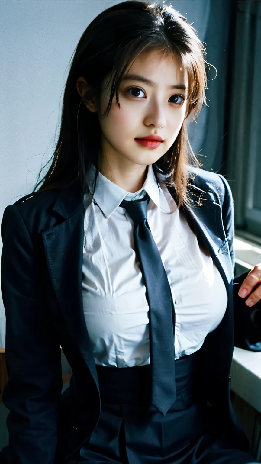 absurdres, (RAW photo:1.2), extremely delicate and beautiful, masterpiece, Best Quality, ultra high resolution, 32k, (hyperrealistic:1.2), ultra-detailed, perfect anatomy, perfect figure, super Detailed skin, Very detailed CG 8k wallpaper, in her 20s, very Slim body, narrow waist, very small head, very small face, delicate facial features, tearful mole, earring, thin legs, (very huge round breasts:1.2), (full body shot:1.1), 1 girls, short hair, (wavy hair:1.2), (wet clothes:1.1), (school uniform:1.2), (blazer:1.2), skirt, tie, dress shirt,