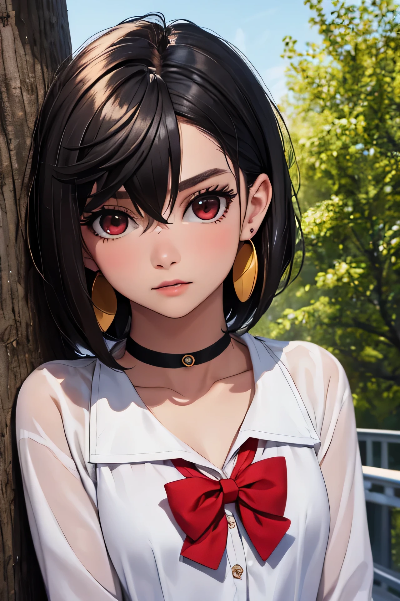 "0" :"score_9, score_8_up, score_7_up, score_6_up, score_5_up, score_4_up, masterpiece,best quality, highly detailed,dxod1, 1girl, short hair, bangs, brown hair, shirt, black hair, red eyes, bow, hair between eyes, jewelry, school uniform, white shirt, earrings, outdoors, sky, choker, day, medium hair, red bow, tree, blue sky, looking to the side, black choker, red bowtie,(((solo)))",