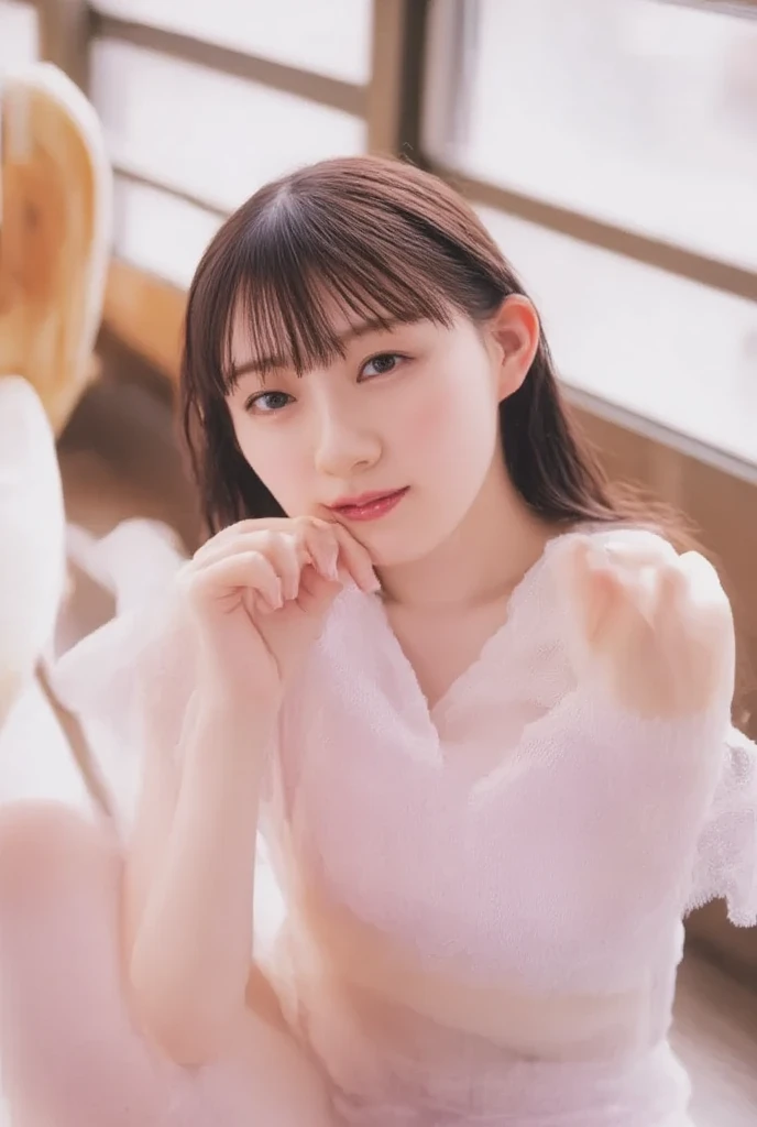 Only one woman with a cute smile is in a pose wearing off-shoulder pajamas, making a firm big heart shape with both hands, and holding them in front of her chest, View above collarbone、The background is a monotone 

