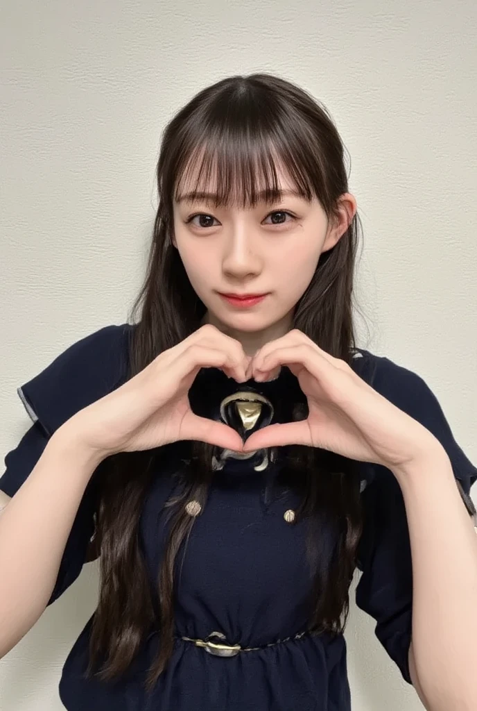 Only one woman with a cute smile is in a pose wearing off-shoulder pajamas, making a firm big heart shape with both hands, and holding them in front of her chest, View above collarbone、The background is a monotone 

