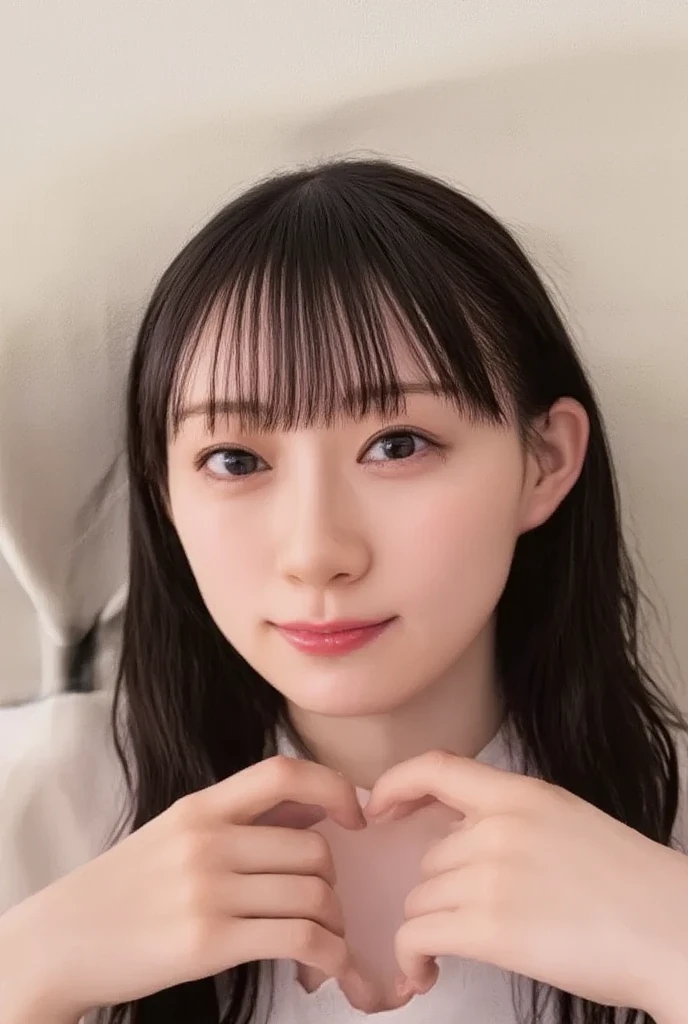 Only one woman with a cute smile is in a pose wearing off-shoulder pajamas, making a firm big heart shape with both hands, and holding them in front of her chest, View above collarbone、The background is a monotone 

