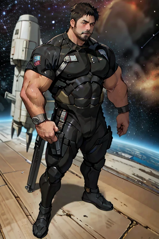 A Japanese thick muscler 55yo male wearing tight body suit is standing with an assault rifle, Thick arms, Thick legs, thick body, Very short hair, Very short goatee, Space Battleship Yamato, macross, Legend of the Galactic Heroes, star wars, star trek 