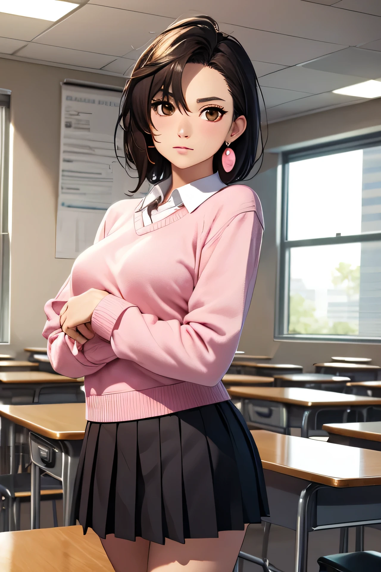 momoayase, momo ayase, short hair, brown hair, (brown eyes:1.5), bangs, thick eyebrows,
BREAK skirt, school uniform, pleated skirt, shoes, socks, loafers, sweater vest, (pink sweater:1.5), shirt, white shirt, collared shirt, earrings, green earrings,
BREAK indoors, classroom,
BREAK looking at viewer, (cowboy shot:1.5),
BREAK (masterpiece:1.2), best quality, high resolution, unity 8k wallpaper, (illustration:0.8), (beautiful detailed eyes:1.6), extremely detailed face, perfect lighting, extremely detailed CG, (perfect hands, perfect anatomy),