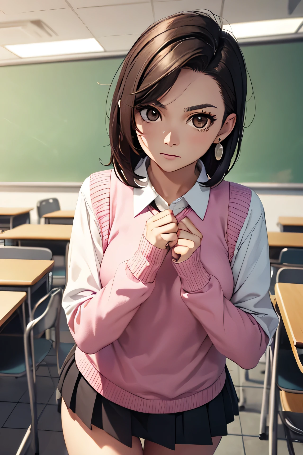 momoayase, momo ayase, short hair, brown hair, (brown eyes:1.5), bangs, thick eyebrows,
BREAK skirt, school uniform, pleated skirt, shoes, socks, loafers, sweater vest, (pink sweater:1.5), shirt, white shirt, collared shirt, earrings, green earrings,
BREAK indoors, classroom,
BREAK looking at viewer, (cowboy shot:1.5),
BREAK (masterpiece:1.2), best quality, high resolution, unity 8k wallpaper, (illustration:0.8), (beautiful detailed eyes:1.6), extremely detailed face, perfect lighting, extremely detailed CG, (perfect hands, perfect anatomy),