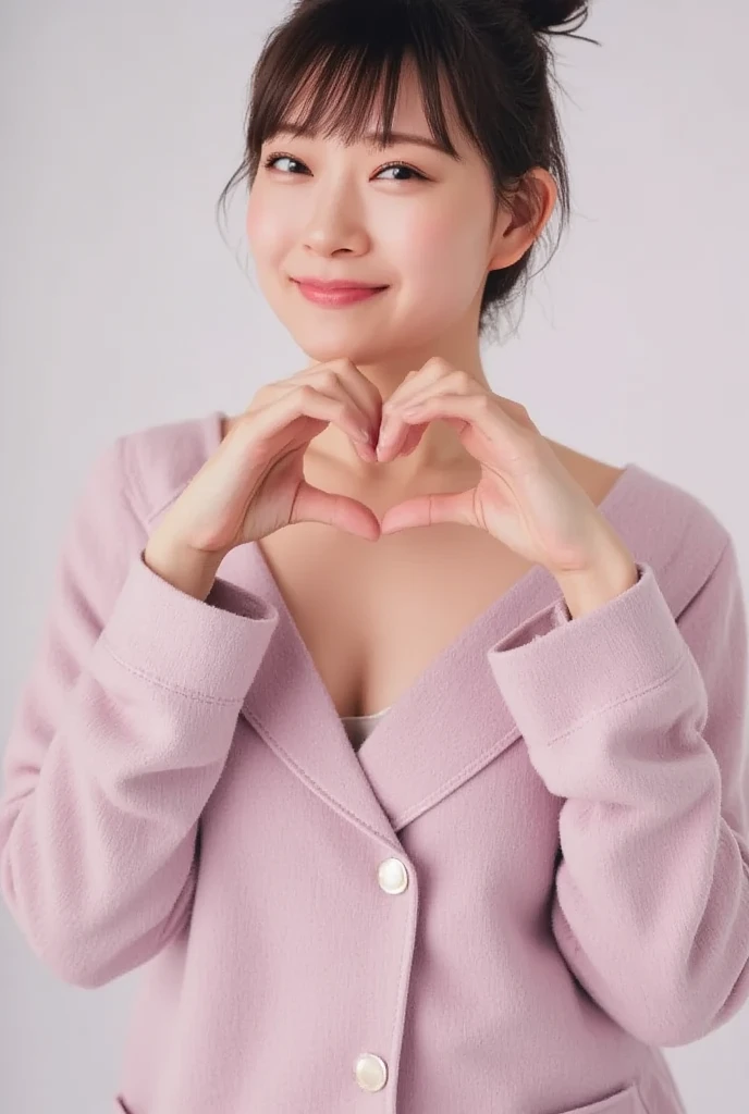 Only one woman with a cute smile is in a pose wearing off-shoulder pajamas, making a firm big heart shape with both hands, and holding them in front of her chest, View above collarbone、The background is a monotone 

