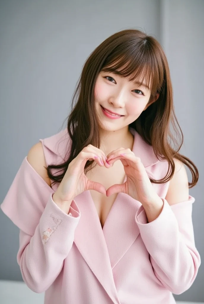 Only one woman with a cute smile is in a pose wearing off-shoulder pajamas, making a firm big heart shape with both hands, and holding them in front of her chest, View above collarbone、The background is a monotone 

