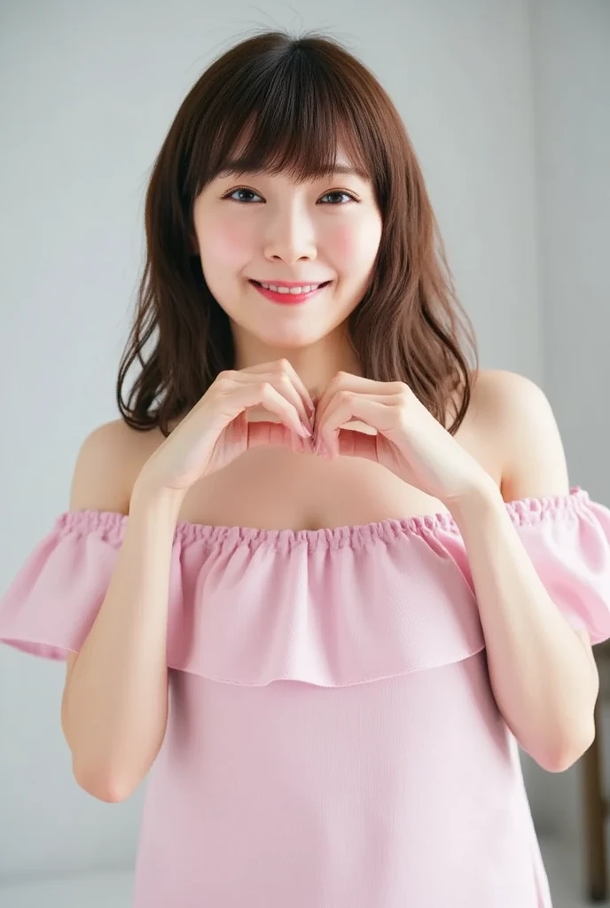 Only one woman with a cute smile is in a pose wearing off-shoulder pajamas, making a firm big heart shape with both hands, and holding them in front of her chest, View above collarbone、The background is a monotone 

