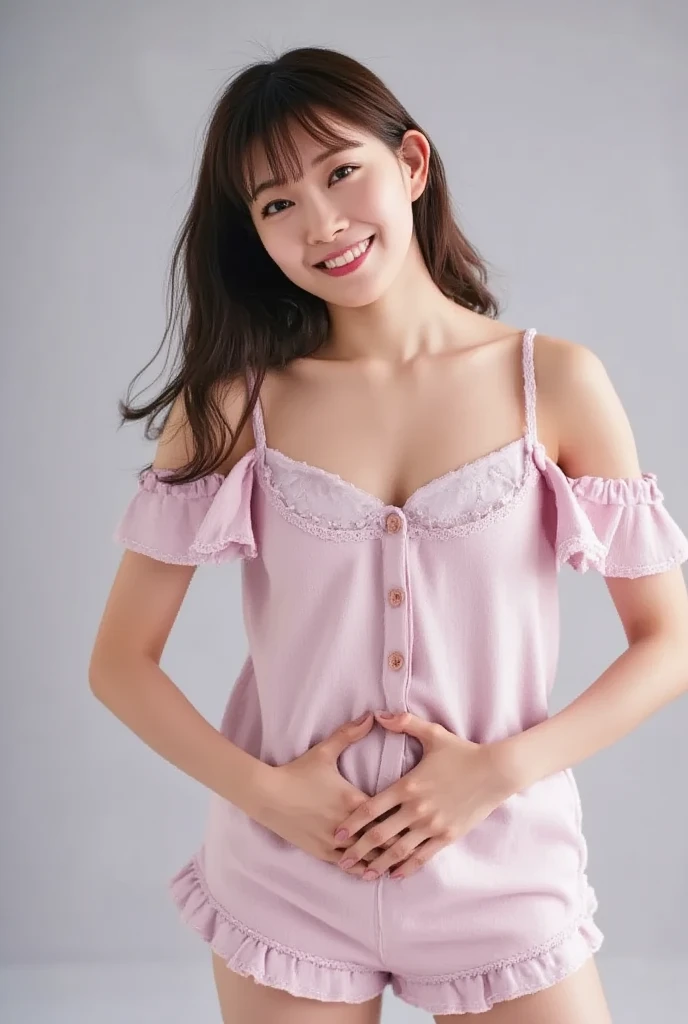 Only one woman with a cute smile is in a pose wearing off-shoulder pajamas, making a firm big heart shape with both hands, and holding them in front of her chest, View above collarbone、The background is a monotone 

