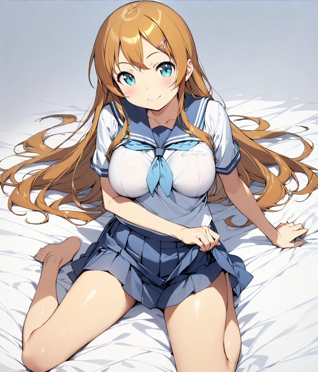 (1 girl),(Alone),

(masterpiece)、 high quality、 high definition、 intricate details、4K、8k、
( High Contrast:1)、Light gray background、Grey Room、
(head to toe:1.5、full body view:1.5)、At the center:1.0、

(Kirino Takasaka)、kirino kousaka、
( so beautiful:0.9)、( very cute:0.9)、
(Brighten your face:0.7)、(Big green eyes:1.0)、(非常にDetailed face)、
( straight hair:0.8)、( Long Golden Hair)、bangs、(Hair Clip)、
(Detailed face:0.7)、(High nose:0.7)、(smile:1.5)、幸せそうなsmile、
 Beautiful Breasts 、

Thin legs、 slender figure、

(fair skin)、delicate smooth skin、Beautiful Skin、

｛Blue school uniform、 sailor suit、Short sleeve shirt、 short skirt ｝、
(skirt lift:1.3), 

looking at viewer, 

Slight Body,
Medium Breasts,
Petite Height,
pink lips,

(lying on bed:1.3)、

｛pink striped panties、White frills｝、
show panties,Cameltoe,

(Alone Focus:1.0),

(Seductive pose:0.2),

(Full body Shot:1.2), 
(from bottom:1.3),

(No background),