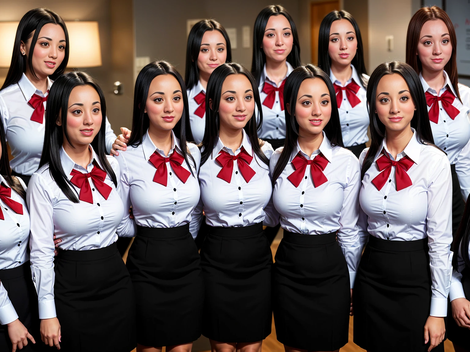 A large group of smiling busty black-haired clones wearing identical clothing, dress shirt, red bow on shirt, black pencil skirt, Kaley Cuoco, k4l3yc