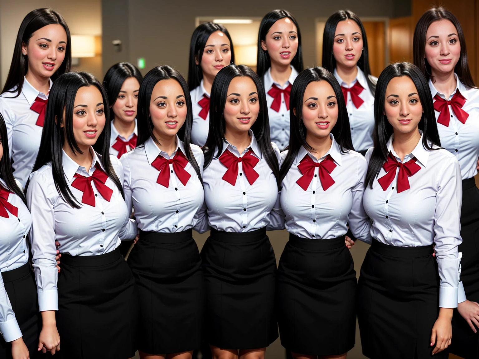 A large group of smiling busty black-haired clones wearing identical clothing, dress shirt, red bow on shirt, black pencil skirt, Kaley Cuoco, k4l3yc