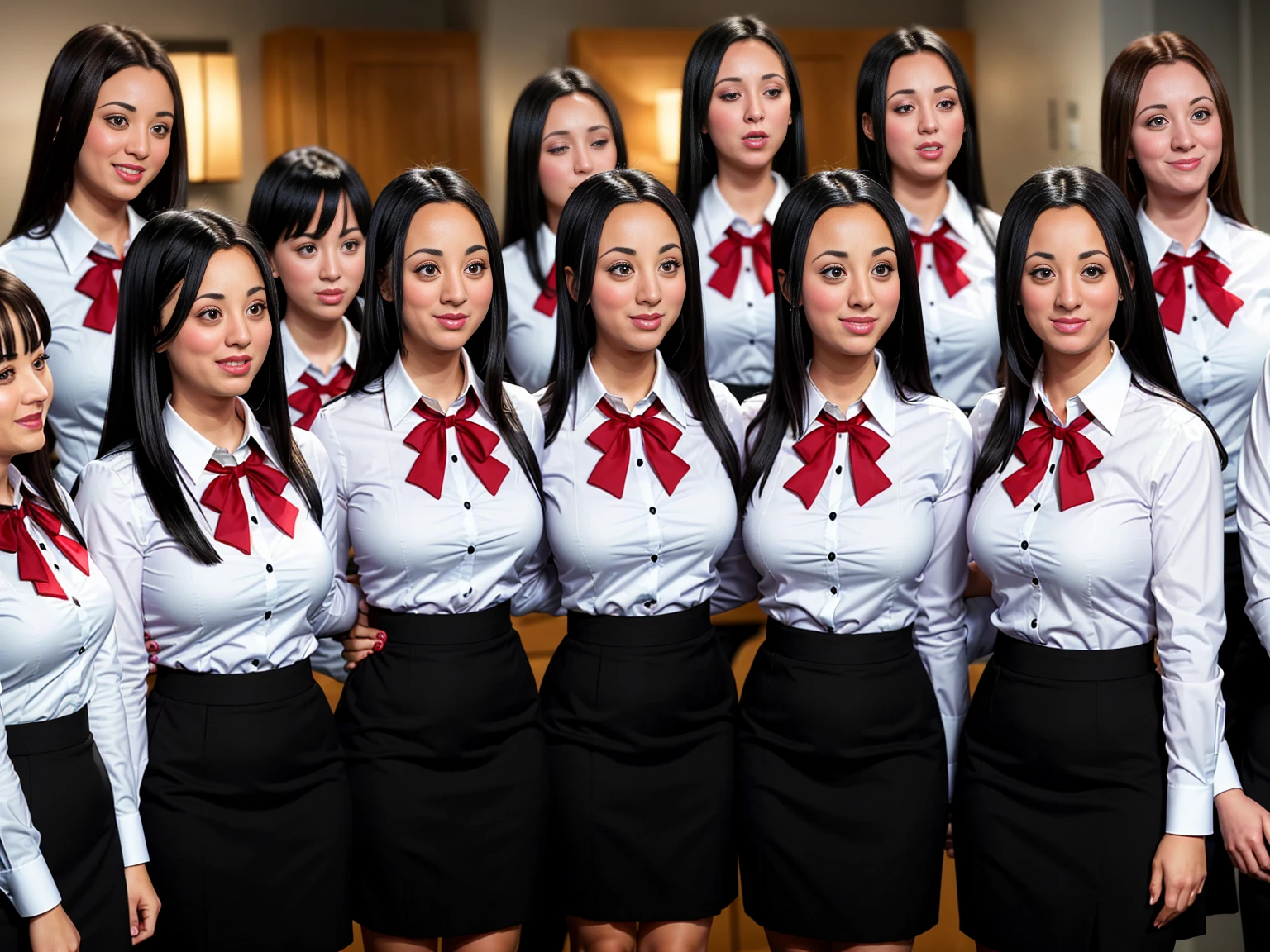 A large group of smiling busty black-haired clones wearing identical clothing, dress shirt, red bow on shirt, black pencil skirt, Kaley Cuoco, k4l3yc