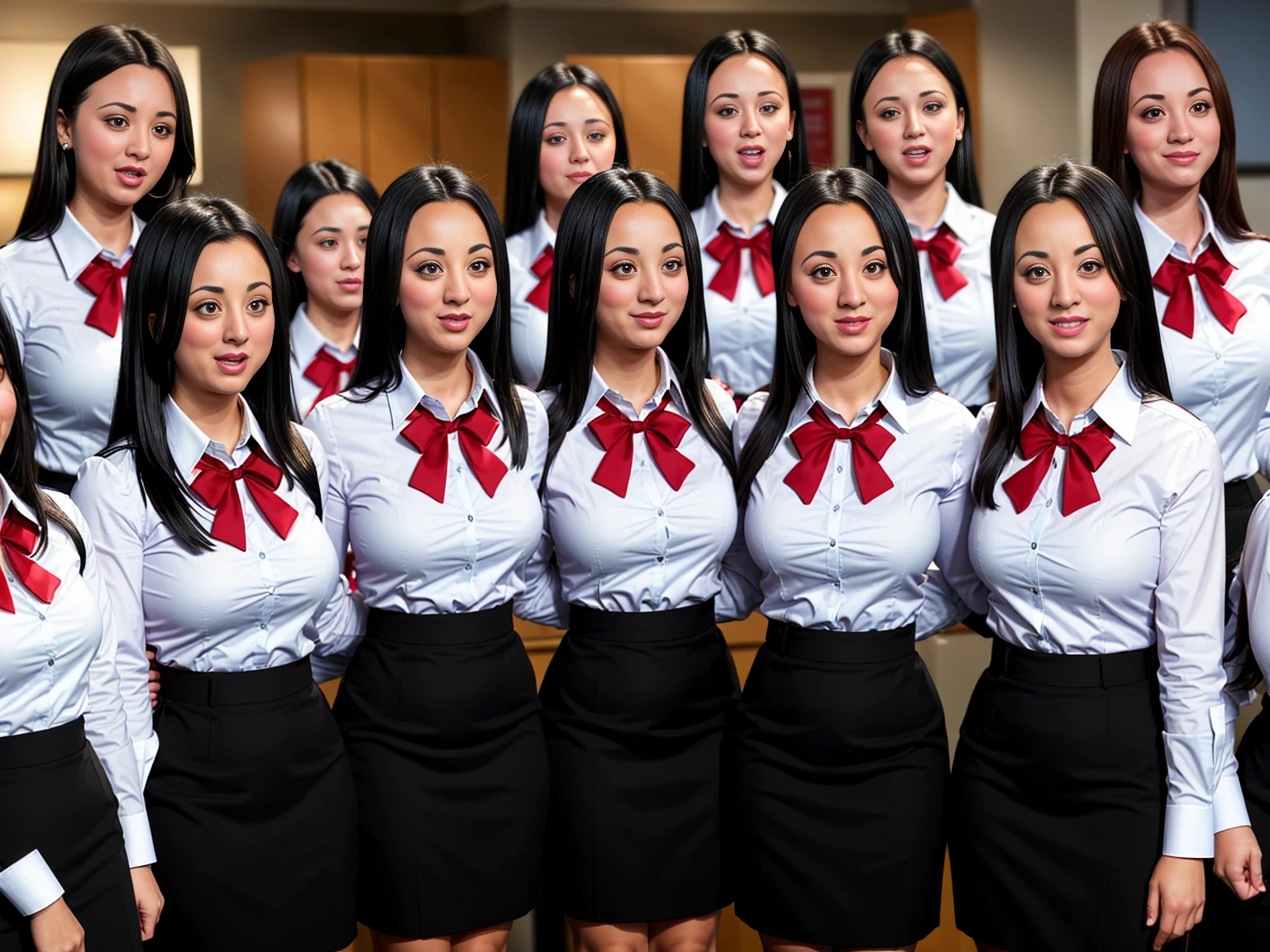 A large group of smiling busty black-haired clones wearing identical clothing, dress shirt, red bow on shirt, black pencil skirt, Kaley Cuoco, k4l3yc