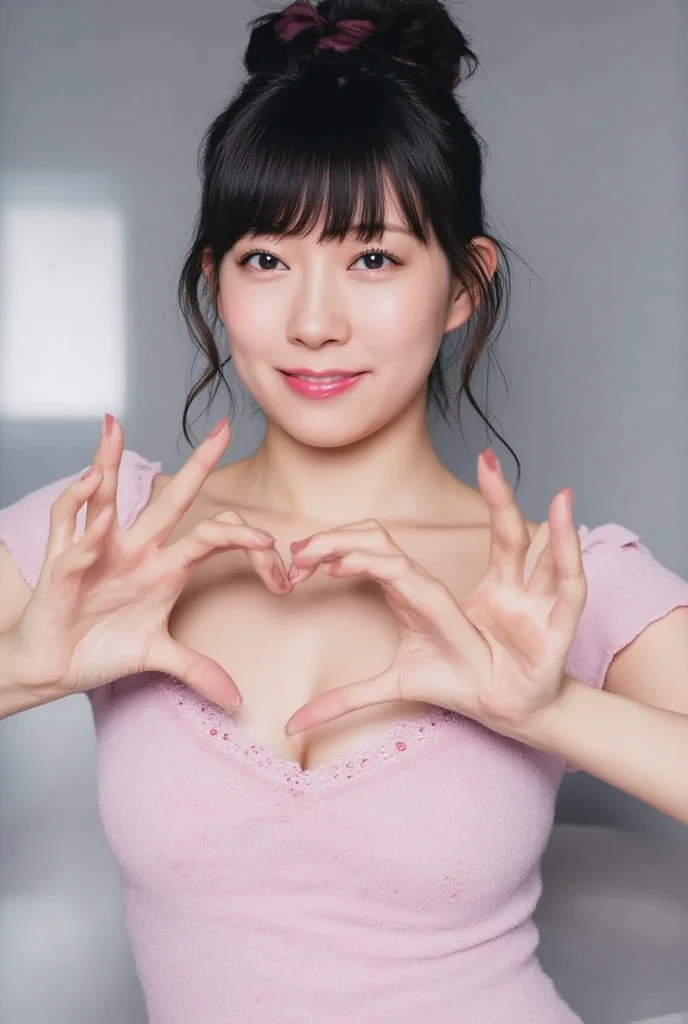 Only one woman with a cute smile is in a pose wearing off-shoulder pajamas, making a firm big heart shape with both hands, and holding them in front of her chest, View above collarbone、The background is a monotone 

