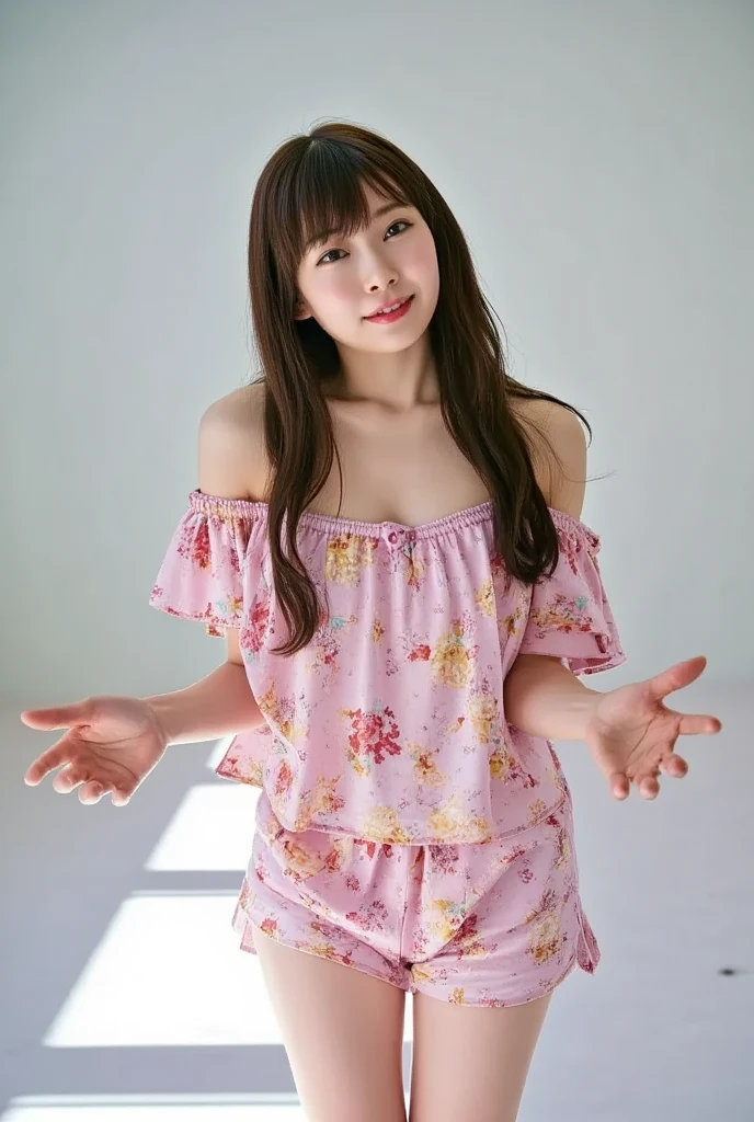 Only one woman with a cute smile is in a pose wearing off-shoulder pajamas, making a firm big heart shape with both hands, and holding them in front of her chest, View above collarbone、The background is a monotone 

