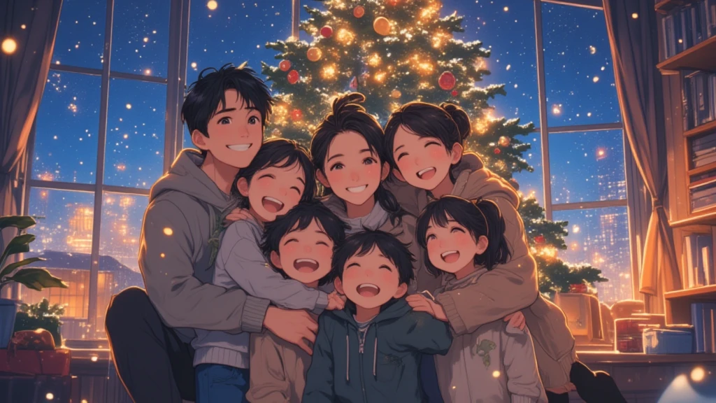 (Masterpiece, high quality, high definition, 4K, 8k,（（ anatomically correct human body 、Detailed face））、Cute anime style、detail、）、Christmas Night、 the cool dad and cute mom and human children （2 people and a girl ） everyone is trying to take a commemorative photo in front of the Christmas tree at home、 dad and mom have 3 children （ are a cute middle school student and a 5 year old boy 、The girl is about 10 years old ） hugging her 、 everyone in the family is smiling and having fun 、 the Christmas tree decorations are sparkling 、 outside the back window is snowing in the dark at night 、Happy family atmosphere 、Cute Anime 、（ anatomically correct human body 、Detailed face、）