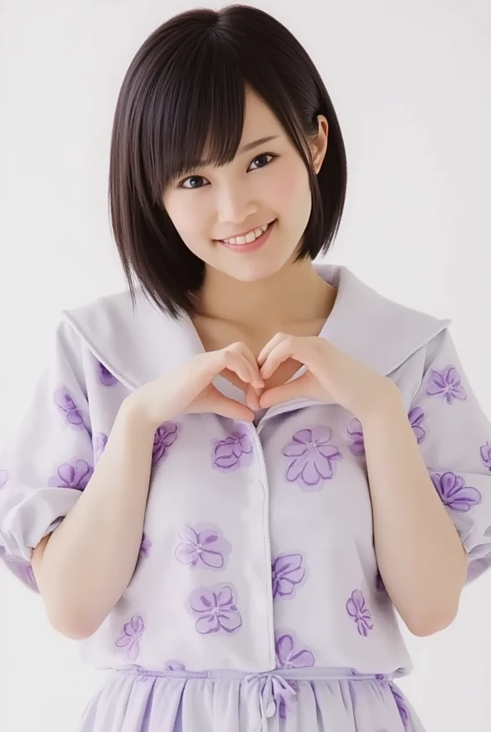 Only one woman with a cute smile is in a pose wearing off-shoulder pajamas, making a firm big heart shape with both hands, and holding them in front of her chest, View above collarbone、The background is a monotone 

