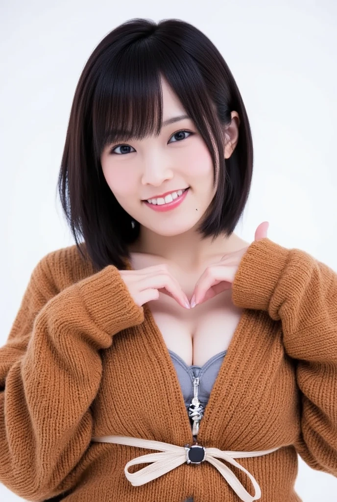 Only one woman with a cute smile is in a pose wearing off-shoulder pajamas, making a firm big heart shape with both hands, and holding them in front of her chest, View above collarbone、The background is a monotone 

