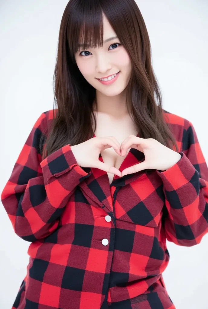 Only one woman with a cute smile is in a pose wearing off-shoulder pajamas, making a firm big heart shape with both hands, and holding them in front of her chest, View above collarbone、The background is a monotone 

