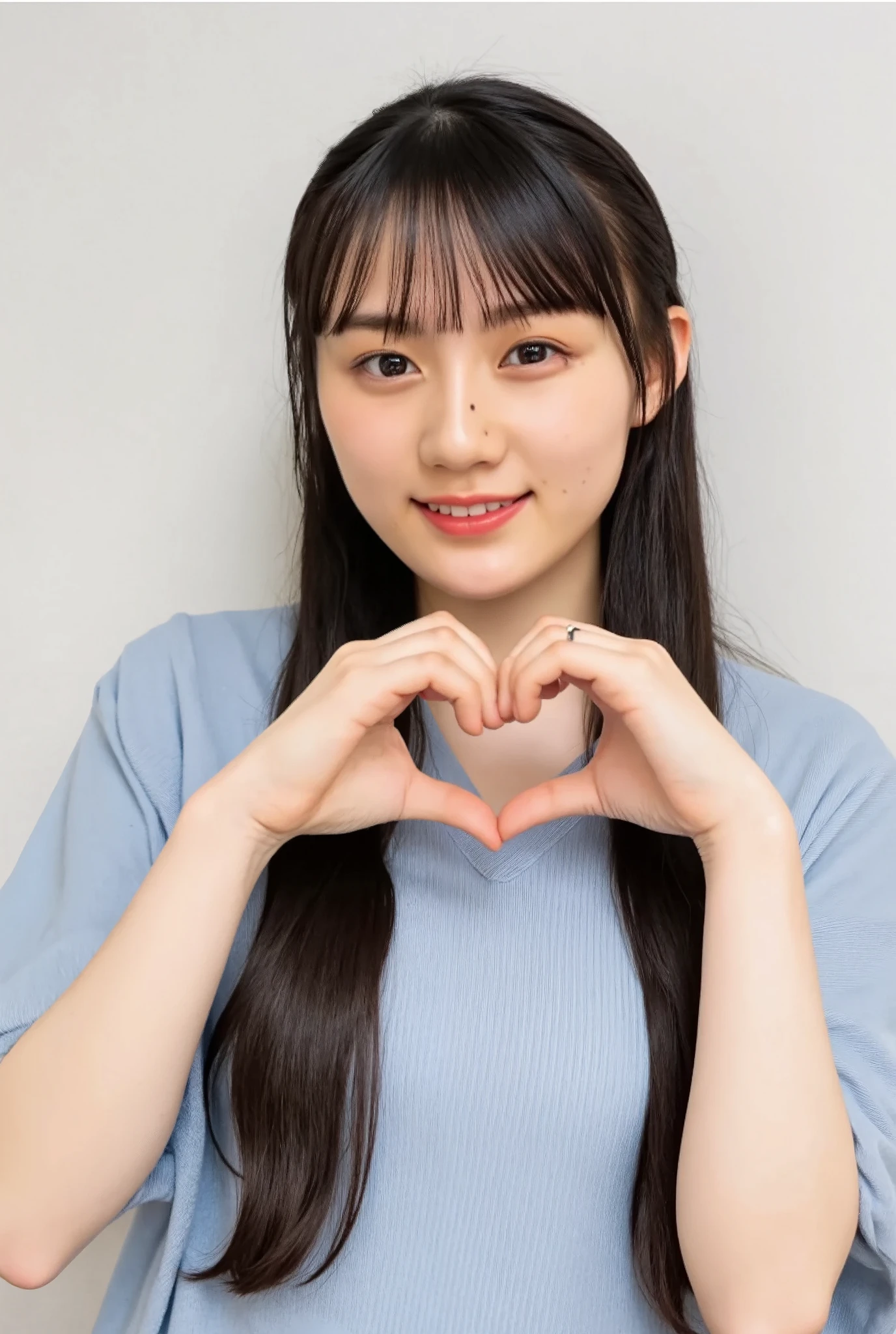 Only one woman with a cute smile is in a pose wearing off-shoulder pajamas, making a firm big heart shape with both hands, and holding them in front of her chest, View above collarbone、The background is a monotone 

