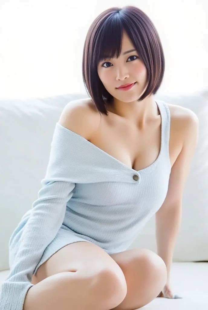 Full body shot from the front、Wearing off-the-shoulder mini one-piece pajamas, I'm sitting while looking at me while taking a pose with the knee bent and the knee spread, Slender bare legs 、smile、The background is a monotone 

