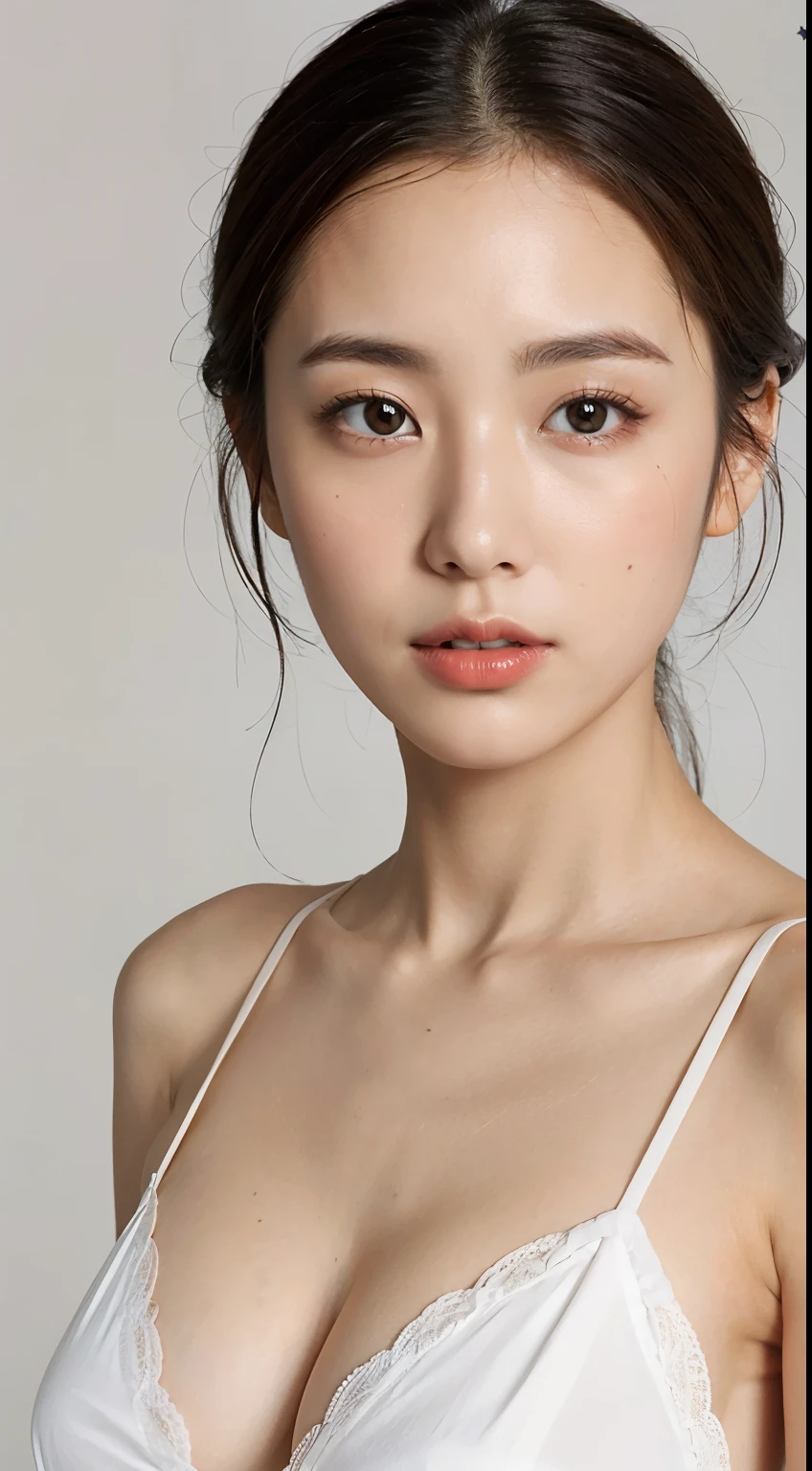 ((Best picture quality, 8K, tmasterpiece:1.3)), 1girll, Beautiful woman with slender abs:1.3, (Casual hairstyle, Leaky big breasts:1.2), Low-cut bra,Super large,Ultra-fine face, A detailed eye, 二重まぶた,ssmile,Home,The figure is very bad,tiny small waist,Super big breasts,Close-up,Close-up chest,White-skinned,The background is casual,Close-up Shot Shot