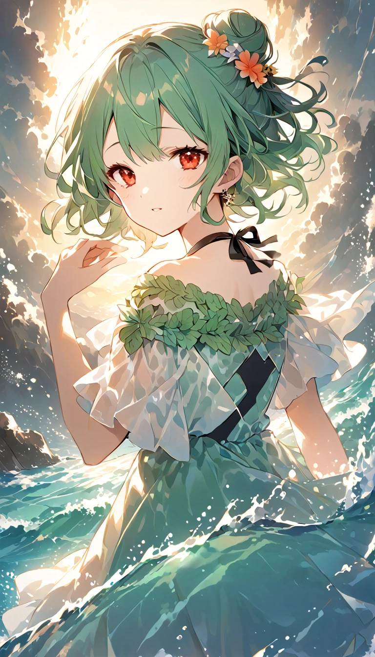 (((Young Girl)))、(( 1 girl)),( Red Eyes),（Short stature）,(Slanted Eyes),(( emerald green hair ))、( bun hair)、Young appearance、(( swimsuit))、In the water、One side of the sea、(((Girl ride on the innertube)))、Vector art、spirit of the wind、Backlight、Bright in backlight、Sun behind、Summer sky、cumulonimbus、Narrowed eyes and a happy look、cheek、The waves splash and the water shines beautifully.