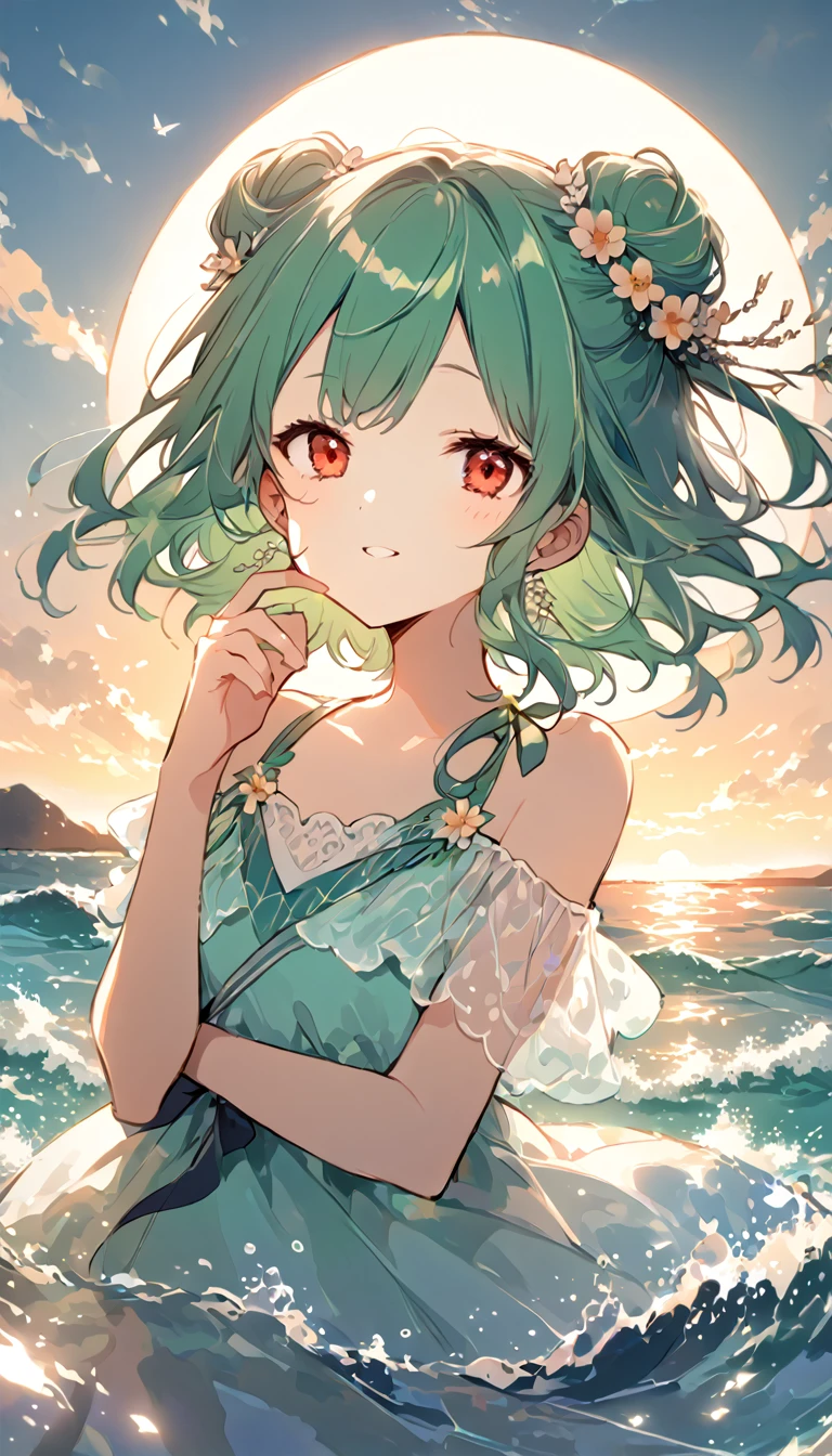 (((Young Girl)))、(( 1 girl)),( Red Eyes),（Short stature）,(Slanted Eyes),(( emerald green hair ))、( bun hair)、Young appearance、(( swimsuit))、In the water、One side of the sea、(((Girl ride on the innertube)))、Vector art、spirit of the wind、Backlight、Bright in backlight、Sun behind、Summer sky、cumulonimbus、Narrowed eyes and a happy look、cheek、The waves splash and the water shines beautifully.