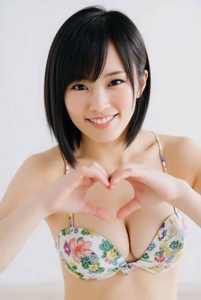 Only one woman with a cute smile is in a pose wearing off-shoulder pajamas, making a firm big heart shape with both hands, and holding them in front of her chest, View above collarbone、The background is a monotone 

