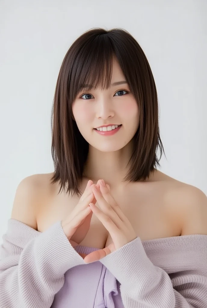 Only one woman with a cute smile is in a pose wearing off-shoulder pajamas, making a firm big heart shape with both hands, and holding them in front of her chest, View above collarbone、The background is a monotone 

