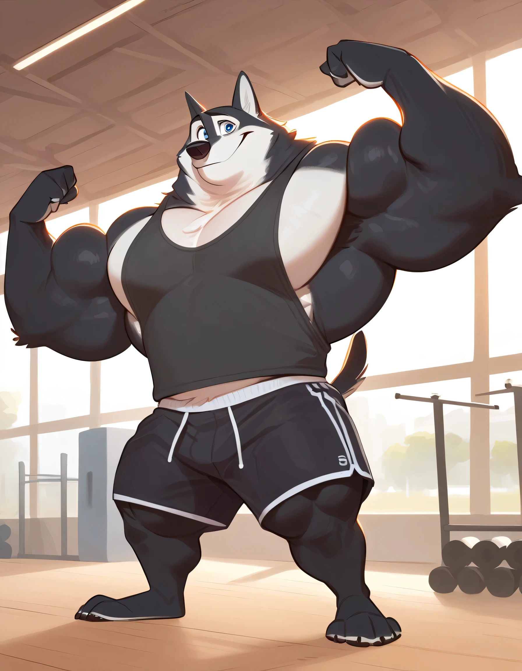 strong, solo, 1boy, Muscular black husky dog, (wide shoulder, pectoral, thick arms, huge pectoral, wide pectoral), in gym with gymnasium warehouse background, black gym shorts, black tank top, grunting, flexing his arms, gym background, height: 6.1, weight: 207lbs, detailed eyes with blue pupils, masterpiece, Walt Disney 2D Zootopia Animation Art Style, 