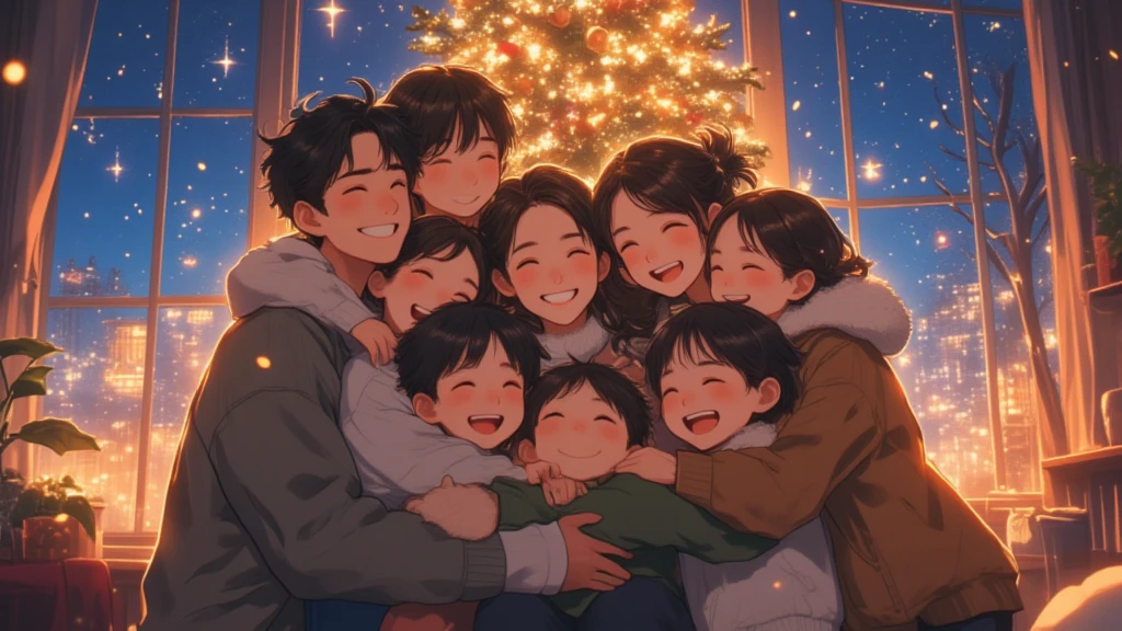 (Masterpiece, high quality, high definition, 4K, 8k,（（ anatomically correct human body 、Detailed face））、Cute anime style、detail、）、Christmas Night、 I'm trying to take a commemorative photo of my family in front of my Christmas tree、 the cool dad and cute mom are 3 children （ is a cute middle school student and 1 5-year-old boy 、1 girl is 10 years old ） hugging her 、 everyone in the family is smiling and having fun 、 the Christmas tree decorations are sparkling 、 outside the back window is snowing in the dark at night 、Happy family atmosphere 、Cute Anime 、 wrapped in the soft, warm light of the house 、（ anatomically correct human body 、Detailed face、）