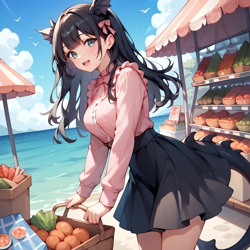  1 girl, Black Hair, long hair , Beast Ears,Tail, pink shirt, black skirt, ruffled clothes ,sea,port,port町,漁port,market,shopping