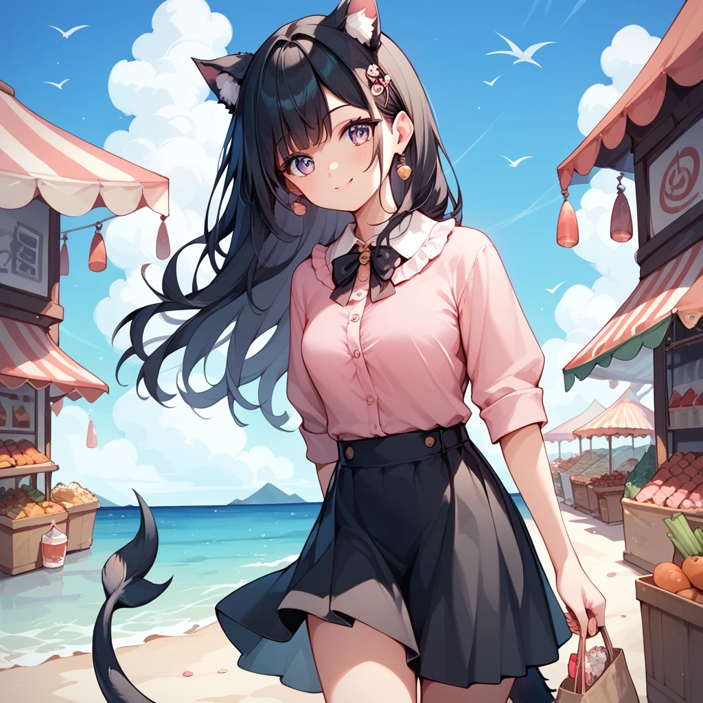  1 girl, Black Hair, long hair , Beast Ears,Tail, pink shirt, black skirt, ruffled clothes ,sea,port,port町,漁port,market,shopping