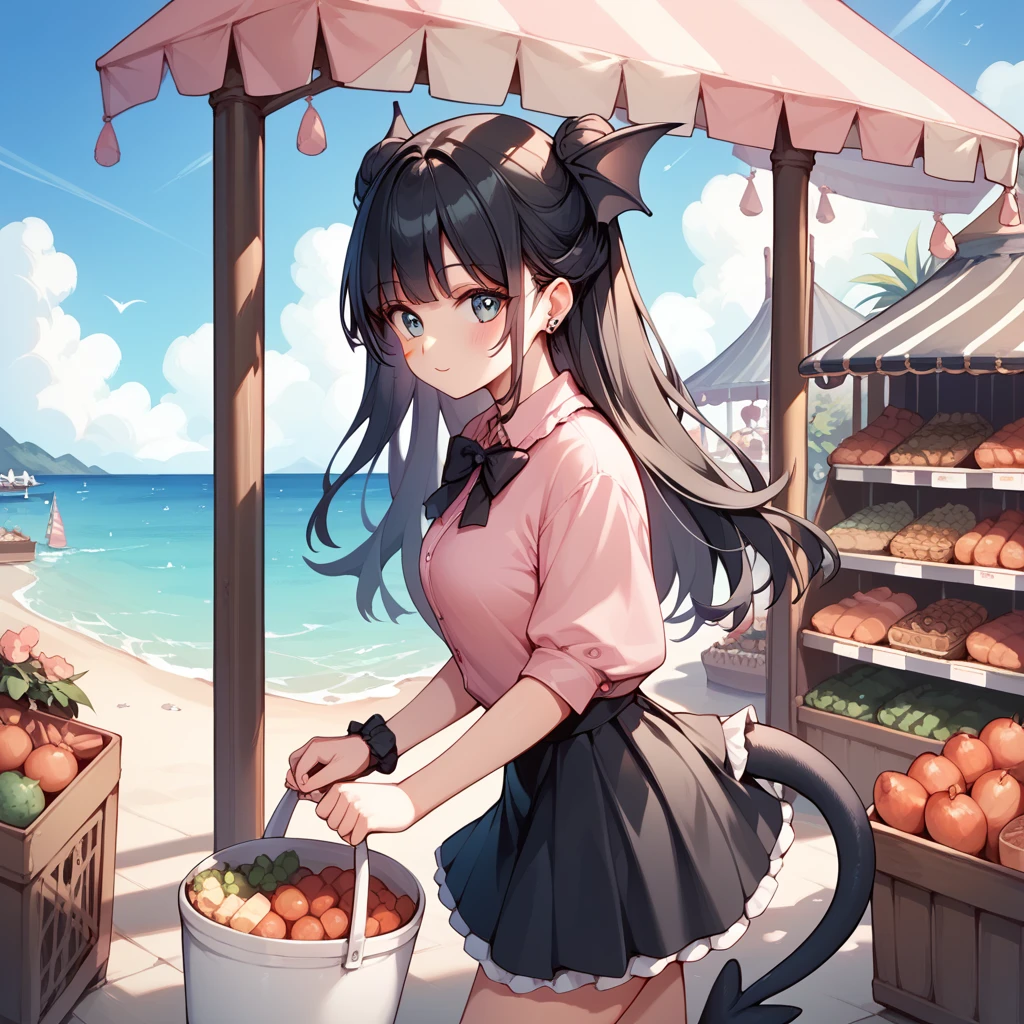  1 girl, Black Hair, long hair , Beast Ears,Tail, pink shirt, black skirt, ruffled clothes ,sea,port,port町,漁port,market,shopping