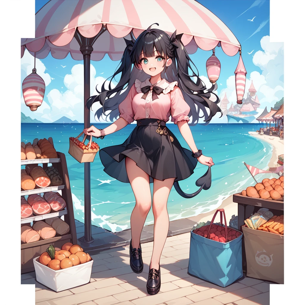  1 girl, Black Hair, long hair , Beast Ears,Tail, pink shirt, black skirt, ruffled clothes ,sea,port,port町,漁port,market,shopping