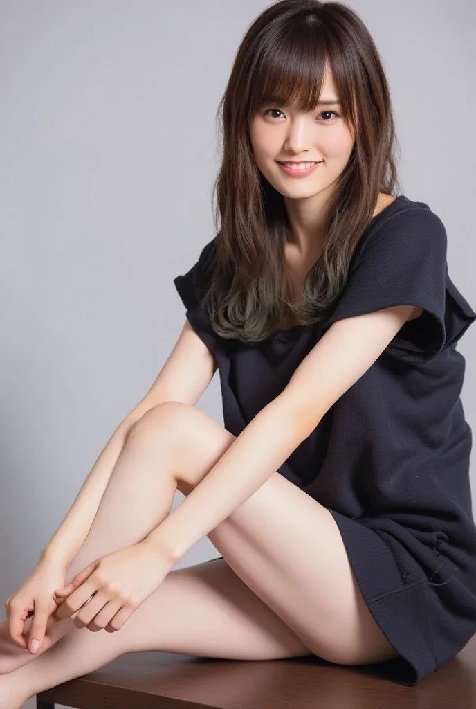 Full body shot from the front、Wearing off-the-shoulder mini one-piece pajamas, I'm sitting while looking at me while taking a pose with the knee bent and the knee spread, Slender bare legs 、smile、The background is a monotone 

