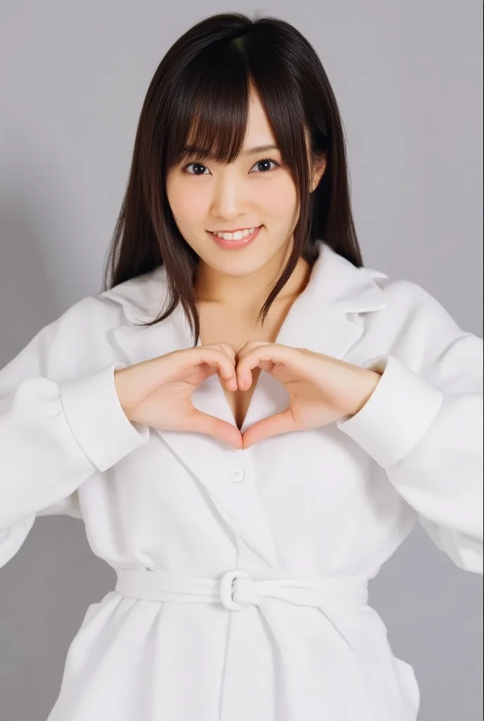 Only one woman with a cute smile is in a pose wearing off-shoulder pajamas, making a firm big heart shape with both hands, and holding them in front of her chest, View above collarbone、The background is a monotone 

