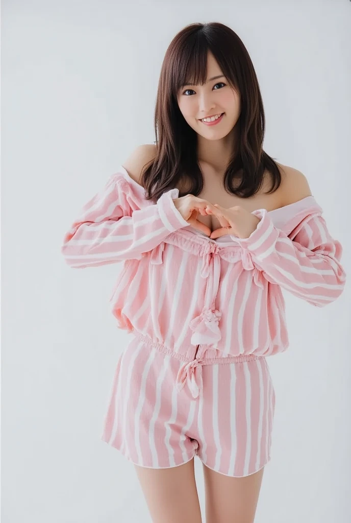 Only one woman with a cute smile is in a pose wearing off-shoulder pajamas, making a firm big heart shape with both hands, and holding them in front of her chest, View above collarbone、The background is a monotone 

