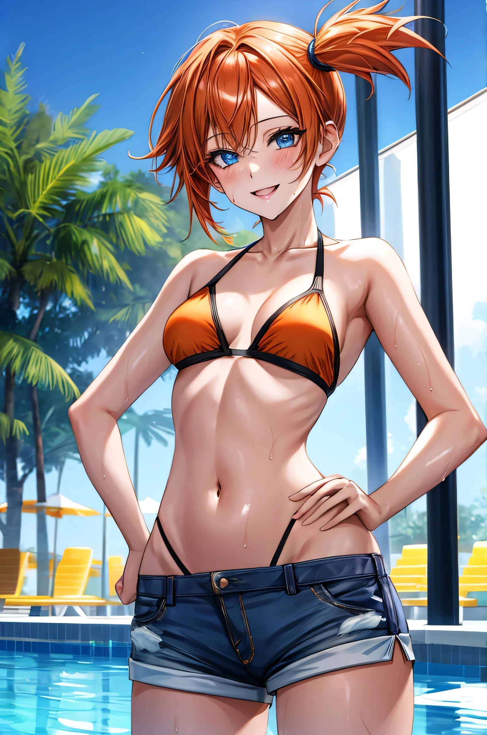 1girl, contrapposto, put hands on hip, front view, facing viewer, from below, BREAK misty pokemon, short hair, orange hair, blue eyes, one side up, very short shorts, bikini top, (small breasts:0.9), smile, BREAK detailed background, poolside, wet, BREAK (best quality, masterpiece, UHD, ultra detailed), (beautiful face, shiny skin), (detailed eyes), (perfect anatomy), (professional lighting)